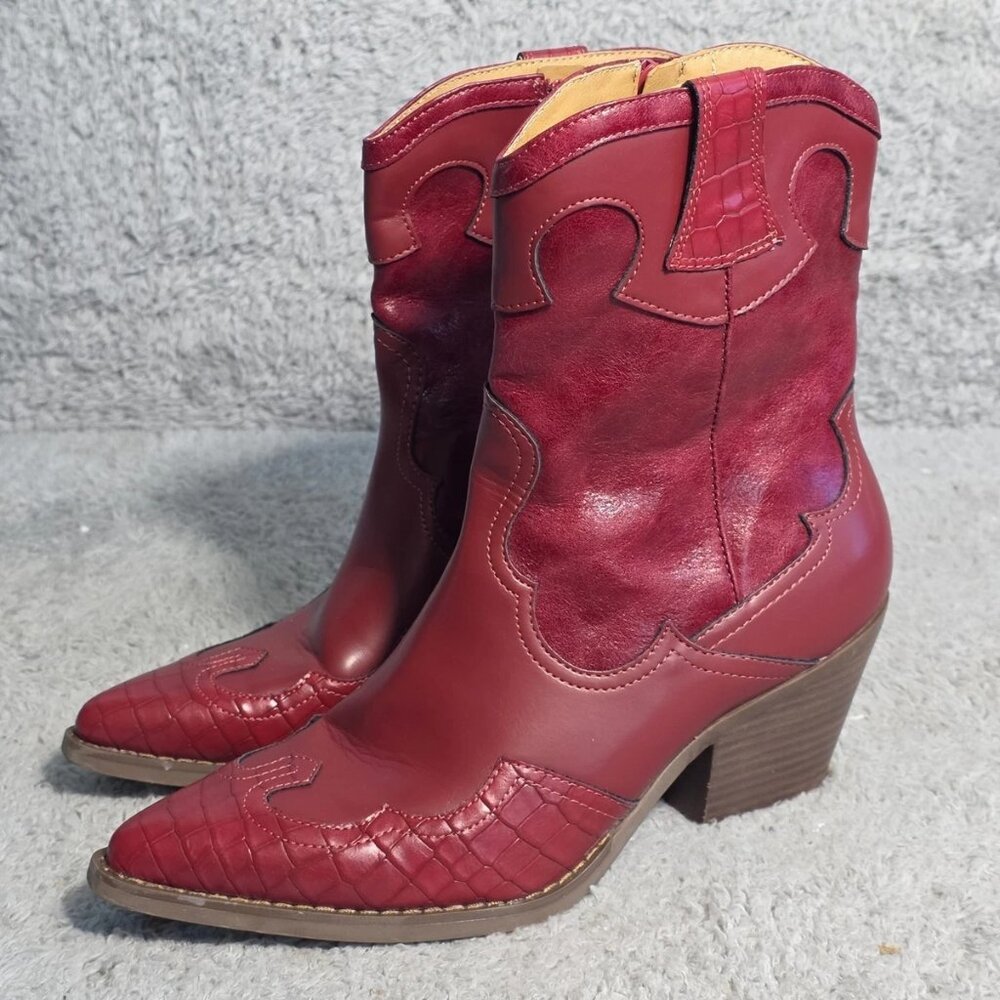 Crown Vintage Izzie Western Bootie Red Croco | Pointed Toe Cowboy Ankle Boot